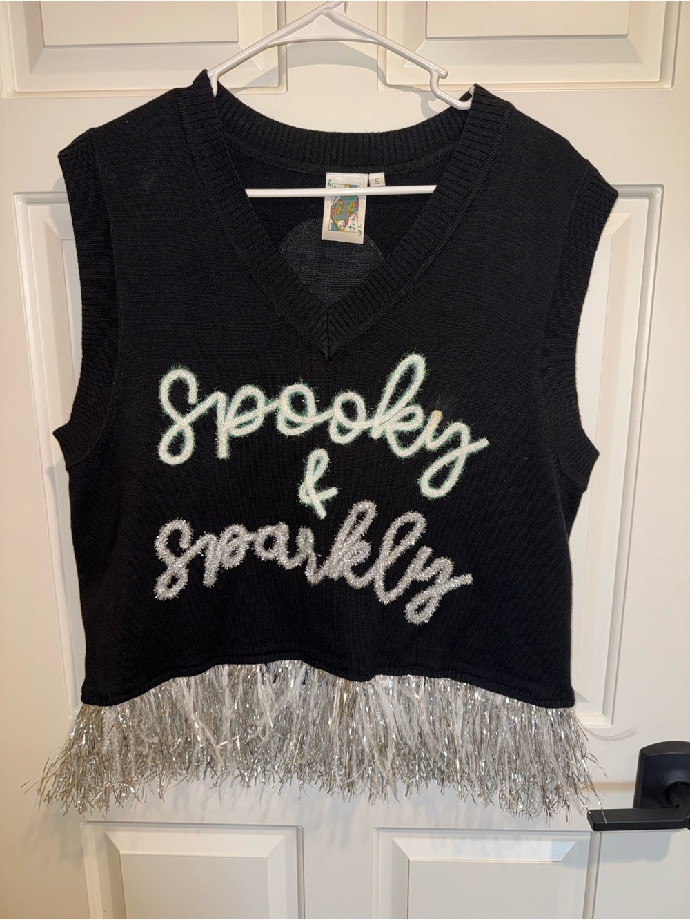 QUEEN OF SPARKLES Black 'Spooky & Sparkly' Sweater Vest with Silver Fringe